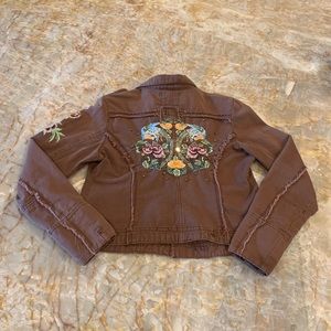 Brown denim jean jacket with floral detail